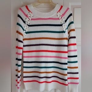 Multicolor SO Stripe Laced Sleeves Ribbed Knit Sweater M Coastal Preppy College